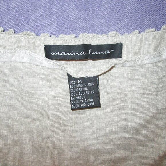 MARINA LUNA Embroidered LINEN Size M Square Neck TOP Sleeveless SCALLOPED Light - Picture 4 of 7